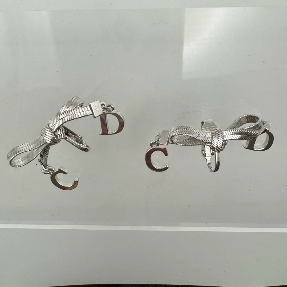 Christian Dior CD Silver Bow Dangle Monogram Earrings RARE! - Picture 2 of 8